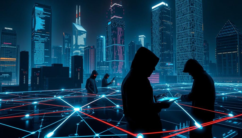A dark and ominous cyberpunk cityscape, lit by neon-lit displays and holographic projections. In the foreground, a network of interconnected lines and nodes representing a complex cyber attack strategy, with glowing lines tracing the flow of data. In the middle ground, sleek silhouettes of hacker figures manipulating digital interfaces, their faces obscured by shadows. In the background, towering skyscrapers with intricate circuit board patterns, suggesting the scale and interconnectedness of modern cyber threats. The scene is bathed in a cool, eerie glow, conveying a sense of technological power and the ominous nature of cyber warfare.
