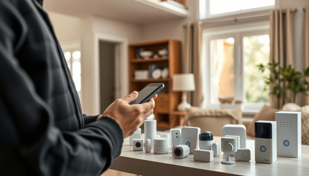 A detailed, well-lit installation scene showing a person setting up a modern home security system. The foreground features a person connecting smart sensors and cameras, with a tablet or smartphone in hand. The middle ground showcases the security system components, including motion detectors, video doorbells, and smart locks. The background depicts a cozy, inviting home interior with neutral tones and natural lighting coming through windows. Convey a sense of safety, efficiency, and technological integration within a warm, domestic setting.