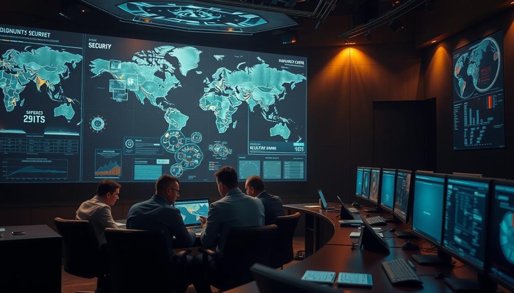 A dimly lit command center, with a large holographic display projecting geopolitical data and security analytics. In the foreground, a team of security experts huddled over tactical maps, analyzing threat vectors and coordination strategies. Warm lighting casts a pensive glow, while the background is shrouded in shadows, hinting at the gravity of the situation. Sleek, high-tech workstations line the walls, their screens flashing with real-time updates. The atmosphere is one of focused intensity, as the team works to implement practical security measures to safeguard against emerging global threats. A dimly lit command center, with a large holographic display projecting geopolitical data and security analytics. In the foreground, a team of security experts huddled over tactical maps, analyzing threat vectors and coordination strategies. Warm lighting casts a pensive glow, while the background is shrouded in shadows, hinting at the gravity of the situation. Sleek, high-tech workstations line the walls, their screens flashing with real-time updates. The atmosphere is one of focused intensity, as the team works to implement practical security measures to safeguard against emerging global threats.