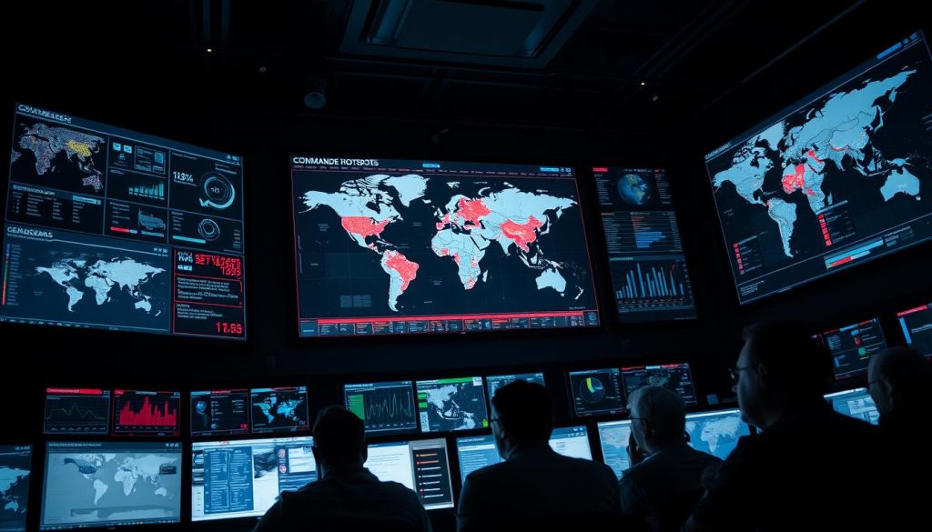 A dimly lit, high-tech command center with a massive wall-mounted display showing real-time data feeds, charts, and maps of global hotspots. In the foreground, a team of analysts poring over the information, faces illuminated by the glow of their screens. The atmosphere is tense, with a sense of urgency and focus. Strategically placed lighting casts dramatic shadows, creating a moody, cinematic feel. The camera angle is slightly elevated, conveying a sense of authority and oversight. The overall scene suggests the complexity and gravity of global security analysis.