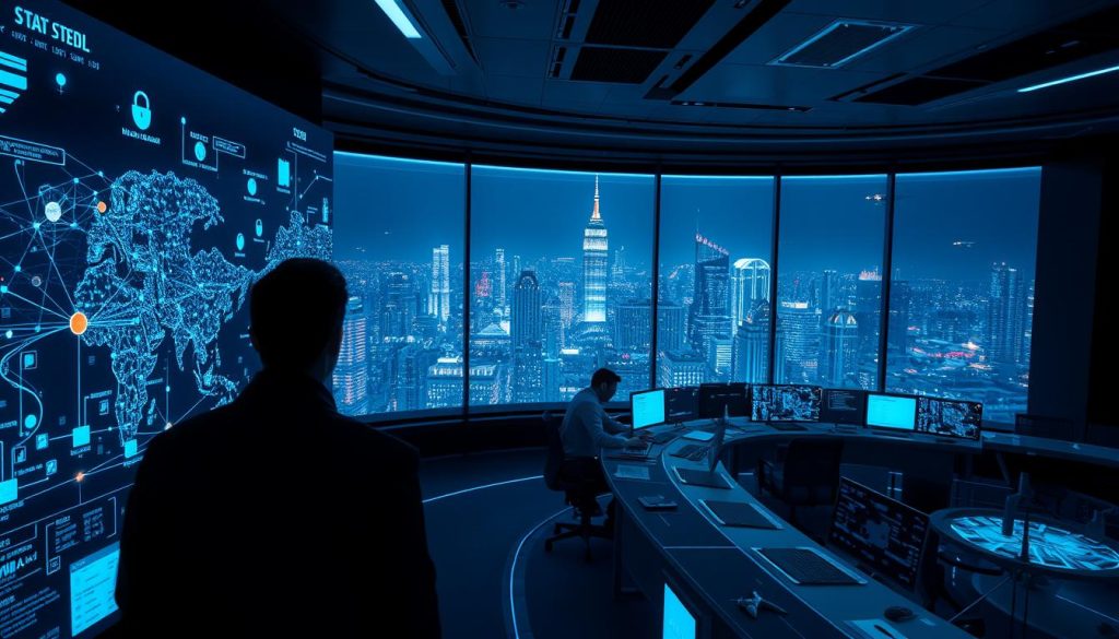 A futuristic cybersecurity control center, with holographic displays and sleek interfaces. In the foreground, a security analyst monitors a network map, symbols pulsing to indicate potential threats. In the middle ground, a team collaborates at a curved workstation, examining data streams. The background is dimly lit, with a vast window revealing a bustling cityscape at night, skyscrapers and flying vehicles in the distance. Cool blue lighting casts an air of professionalism and vigilance, as the team works tirelessly to defend against digital attacks.