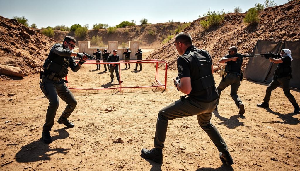 A group of elite bodyguards engage in intense training in a rugged, outdoor setting. In the foreground, two bodyguards practice close-quarters combat techniques, their movements fluid and decisive. In the middle ground, a team of bodyguards swiftly navigate an obstacle course, demonstrating their agility and situational awareness. In the background, a shooting range where bodyguards hone their marksmanship skills, the crack of gunfire echoing through the air. Bright, natural lighting illuminates the scene, casting dramatic shadows and highlighting the bodyguards' determination and focus. The overall atmosphere conveys the high-stakes, adrenaline-fueled nature of the bodyguard profession, where split-second reactions and unwavering discipline are essential.