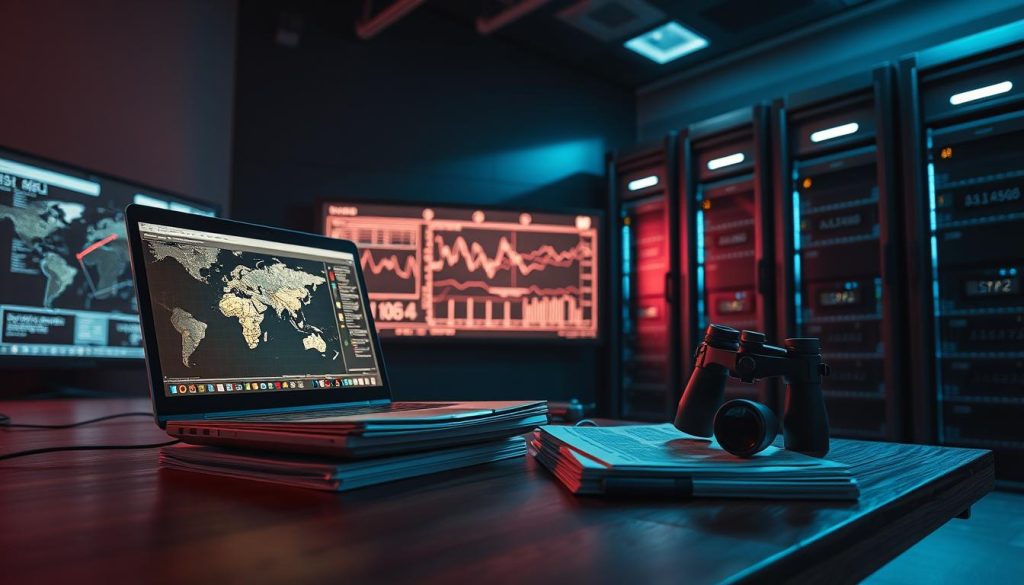 A high-contrast, cinematic scene depicting an assortment of defense analysis tools. In the foreground, a sleek laptop displays a geospatial map, its screen illuminated by a warm glow. Beside it, a stack of classified documents and a pair of military-grade binoculars rests on a sturdy wooden desk. The middle ground features a wall-mounted display showing a real-time data visualization, its lines and graphs pulsing with vital information. In the background, a row of towering server racks hums with the steady rhythm of data processing, casting a cool, bluish light across the scene. The overall atmosphere conveys a sense of focused intensity, as if preparing for a critical strategic assessment.