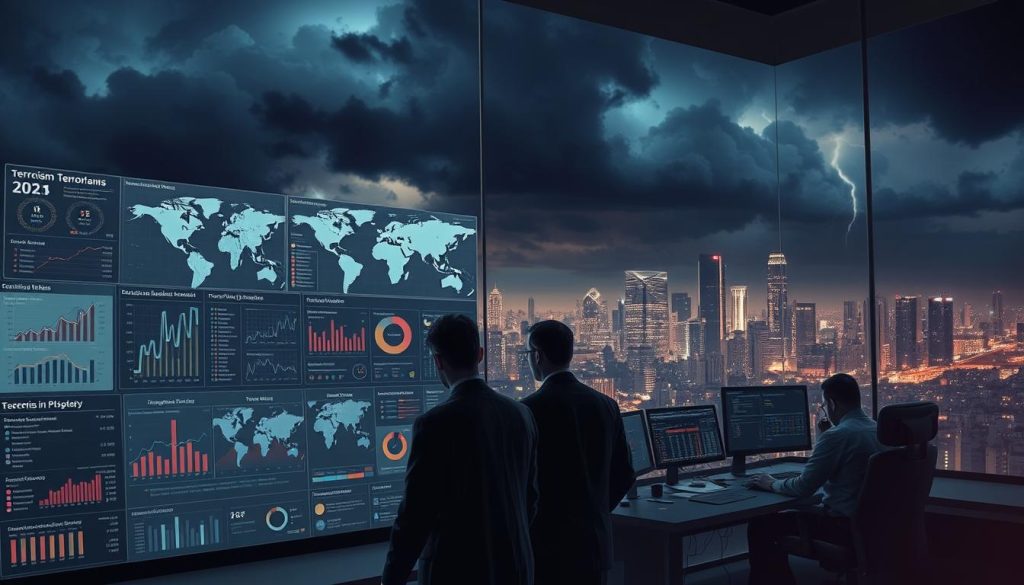 A high-fidelity, cinematic-style illustration depicting a comprehensive terrorism trends analysis. In the foreground, a detailed data visualization dashboard displays interactive charts, graphs, and maps tracking global terrorism incidents, patterns, and risk factors. In the middle ground, a team of analysts in a modern, well-equipped situation room pores over the data, discussing insights and potential countermeasures. The background shows a dimly lit city skyline at night, with ominous storm clouds gathering overhead, conveying a sense of foreboding and urgency. Dramatic side lighting and a slightly desaturated color palette lend an air of seriousness and gravity to the scene.