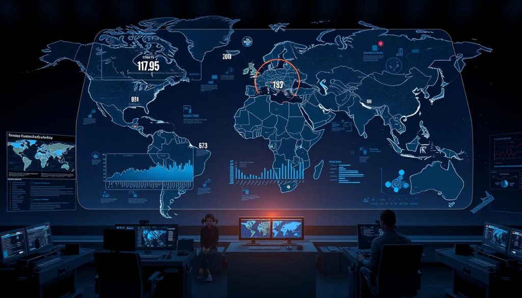 A high-resolution, intricate illustration of a geopolitical landscape analysis, featuring a detailed world map in the background with major countries and regions clearly delineated. In the foreground, a holographic display hovers, showcasing data visualizations, trend lines, and information overlays that provide a comprehensive overview of emerging security dynamics and risk factors. The middle ground includes command consoles, intelligence analysts, and military advisors engaged in active discussion, surrounded by a dimly lit, high-tech control room atmosphere. Soft, blue-tinted lighting creates a sense of gravity and analytical focus, while the overall composition conveys a feeling of strategic foresight and proactive decision-making. A high-resolution, intricate illustration of a geopolitical landscape analysis, featuring a detailed world map in the background with major countries and regions clearly delineated. In the foreground, a holographic display hovers, showcasing data visualizations, trend lines, and information overlays that provide a comprehensive overview of emerging security dynamics and risk factors. The middle ground includes command consoles, intelligence analysts, and military advisors engaged in active discussion, surrounded by a dimly lit, high-tech control room atmosphere. Soft, blue-tinted lighting creates a sense of gravity and analytical focus, while the overall composition conveys a feeling of strategic foresight and proactive decision-making.