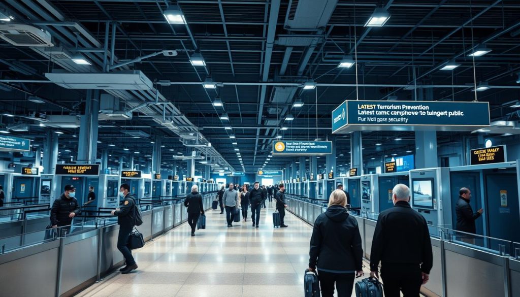 A high-security airport terminal, bathed in the cool glow of strategic lighting. In the foreground, security personnel conduct meticulous screenings, their movements precise and alert. In the middle ground, passengers move through the checkpoints with a sense of solemn purpose, aware of the importance of these safety measures. The background depicts advanced surveillance systems, cameras, and signage outlining the latest terrorism prevention protocols. The atmosphere is one of vigilance, efficiency, and a commitment to safeguarding the public, all captured in a clean, architectural aesthetic.