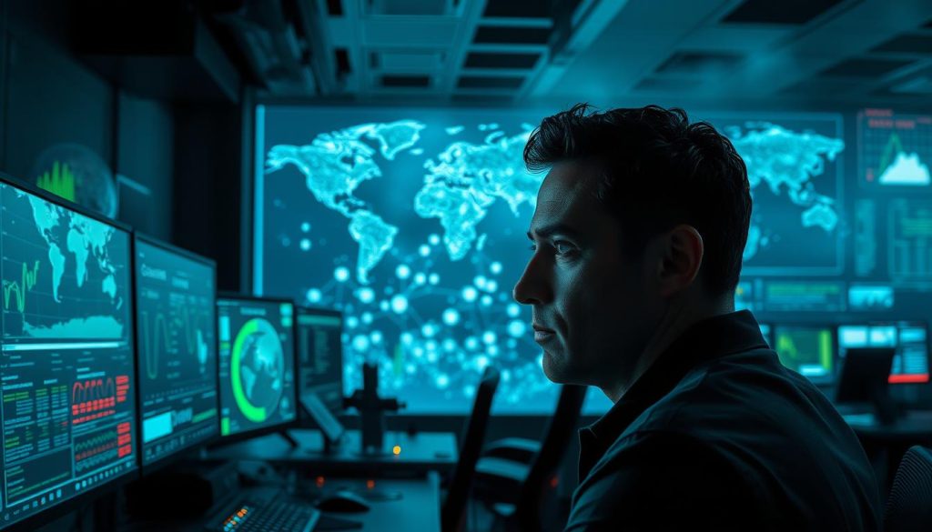 A high-tech cyber security command center, with rows of computer screens displaying intricate data visualizations and threat maps. The foreground features a lone analyst, brow furrowed, intently monitoring the flow of digital intelligence. Dramatic lighting casts sharp shadows, creating a palpable sense of urgency. In the middle ground, clusters of data nodes pulsate, visualizing the ebb and flow of global cyber activity. The background is shrouded in an ominous cyberpunk haze, hinting at the vast, unseen landscape of evolving digital threats.