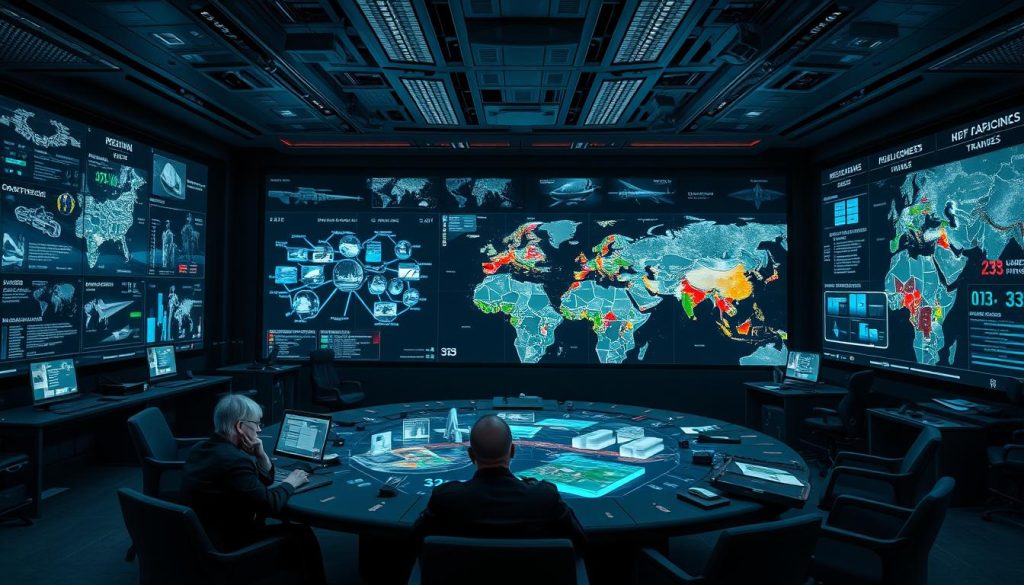 A high-tech military command center, with detailed holographic displays showcasing regional troop movements, weapons systems, and strategic infrastructure. The room is dimly lit, with a large central table surrounded by analysts poring over data. Sophisticated sensors and algorithms analyze the latest intelligence, projecting potential outcomes and vulnerabilities. Attention is focused on a specific region, with color-coded maps and 3D models providing a comprehensive understanding of the military landscape. Tension fills the air as the team works to assess capabilities and devise effective response strategies. The scene conveys the complexity and gravity of regional military capability analysis.