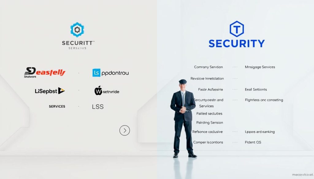 A side-by-side comparison of reputable security companies, featuring their logos, services, and personnel in a clean, minimalist layout. The foreground showcases the company names, icons, and key offerings against a neutral background, allowing the viewer to easily assess and contrast the options. The middle ground includes security personnel in professional attire, conveying a sense of expertise and reliability. The background features subtle geometric patterns and muted tones, creating a sophisticated, trustworthy atmosphere. Crisp lighting and a slightly elevated camera angle lend an air of authority and professionalism to the overall scene. A side-by-side comparison of reputable security companies, featuring their logos, services, and personnel in a clean, minimalist layout. The foreground showcases the company names, icons, and key offerings against a neutral background, allowing the viewer to easily assess and contrast the options. The middle ground includes security personnel in professional attire, conveying a sense of expertise and reliability. The background features subtle geometric patterns and muted tones, creating a sophisticated, trustworthy atmosphere. Crisp lighting and a slightly elevated camera angle lend an air of authority and professionalism to the overall scene.