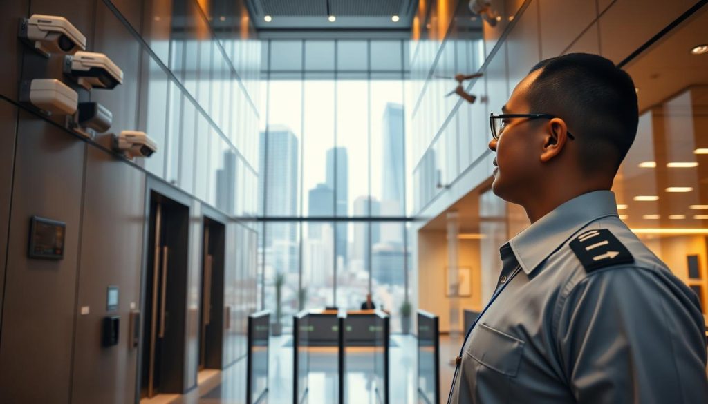 A sleek, modern corporate office building, its façade adorned with state-of-the-art security cameras and access control panels. In the foreground, a security guard stands vigilant, their uniform crisp and their demeanor professional. The middle ground reveals a well-lit lobby with a reception desk and security turnstiles, conveying a sense of safety and control. The background features a cityscape of towering skyscrapers, hinting at the broader corporate landscape in which this security system is integrated. The lighting is warm and inviting, creating a atmosphere of efficiency and reliability. The overall scene captures the essence of a comprehensive corporate security solution, designed to protect valuable assets and ensure the well-being of employees and visitors. A sleek, modern corporate office building, its façade adorned with state-of-the-art security cameras and access control panels. In the foreground, a security guard stands vigilant, their uniform crisp and their demeanor professional. The middle ground reveals a well-lit lobby with a reception desk and security turnstiles, conveying a sense of safety and control. The background features a cityscape of towering skyscrapers, hinting at the broader corporate landscape in which this security system is integrated. The lighting is warm and inviting, creating a atmosphere of efficiency and reliability. The overall scene captures the essence of a comprehensive corporate security solution, designed to protect valuable assets and ensure the well-being of employees and visitors.