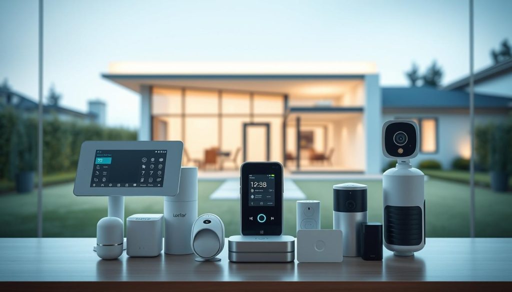 A sleek, modern home security system display in a well-lit, minimalist interior. The foreground showcases a variety of smart home devices - a touchscreen control panel, motion sensors, cameras, and a video doorbell. The middle ground features a clean, uncluttered arrangement of these components, highlighting their intuitive design and connectivity. The background depicts a panoramic view of a contemporary home exterior, with clean lines, large windows, and a neat, manicured lawn. The lighting is soft and natural, creating a sense of ambiance and sophistication. The overall scene conveys the advanced, seamless integration of cutting-edge security technology into the modern home.