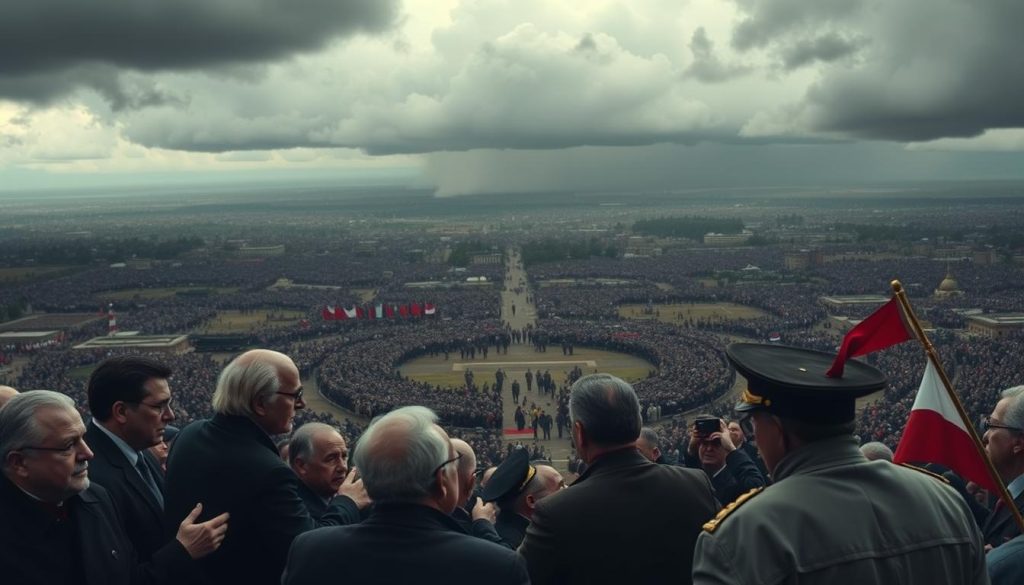 A vast, sweeping landscape of geopolitical tensions and power dynamics unfolds before the viewer. In the foreground, leaders of nations engage in tense negotiations, their expressions guarded and their postures rigid. The middle ground is a complex web of alliances and rivalries, with military forces positioned strategically, ready to respond to any shift in the balance of power. The background is a tapestry of political, economic, and social forces, woven together to shape the global landscape. Ominous clouds loom overhead, casting an uneasy shadow over the scene, hinting at the potential for conflict and upheaval on the horizon. The image is rendered in a somber, muted palette, reflecting the gravity of the subject matter. The lighting is dramatic, casting sharp shadows and highlighting the tension and uncertainty of the geopolitical landscape in the year 2025. A vast, sweeping landscape of geopolitical tensions and power dynamics unfolds before the viewer. In the foreground, leaders of nations engage in tense negotiations, their expressions guarded and their postures rigid. The middle ground is a complex web of alliances and rivalries, with military forces positioned strategically, ready to respond to any shift in the balance of power. The background is a tapestry of political, economic, and social forces, woven together to shape the global landscape. Ominous clouds loom overhead, casting an uneasy shadow over the scene, hinting at the potential for conflict and upheaval on the horizon. The image is rendered in a somber, muted palette, reflecting the gravity of the subject matter. The lighting is dramatic, casting sharp shadows and highlighting the tension and uncertainty of the geopolitical landscape in the year 2025.