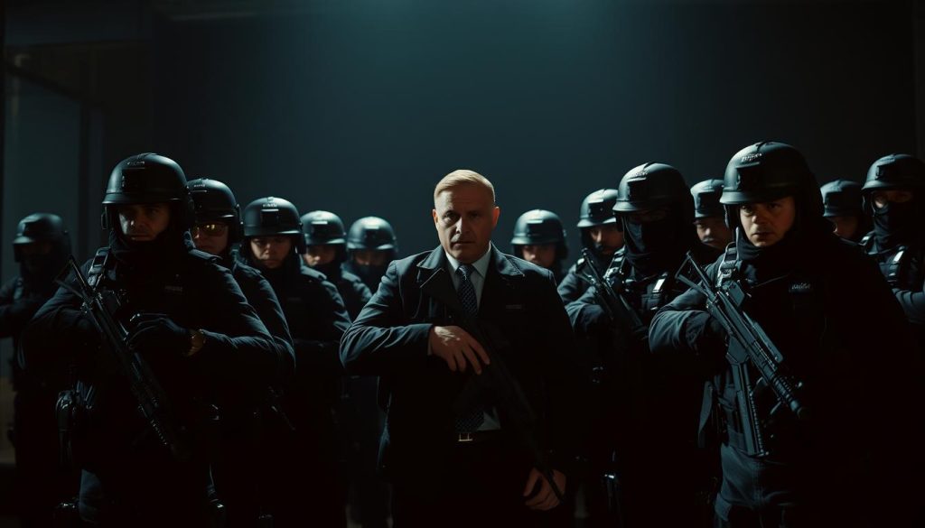 Imposing formation of armed security personnel in a tight tactical diamond, scanning the environment with steely vigilance. Strong, resolute figures in dark uniforms and tactical gear, weapons at the ready, meticulously coordinating their movements. Intense concentration on their faces, alert to any potential threats. Dramatic chiaroscuro lighting casts deep shadows, heightening the sense of tension and readiness. The scene conveys a palpable aura of professionalism, discipline and unwavering dedication to protecting the VIP at the center of the formation.